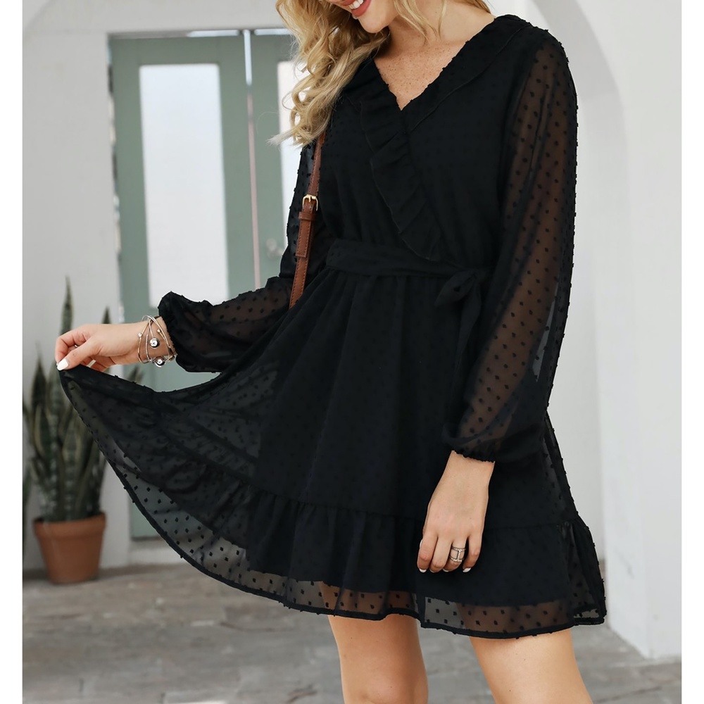 Black Swiss Dot Sheer Sleeves Ruffle Belted Dress - Picture 4 of 10